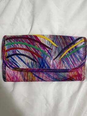 Carlos Falchi Multicolor Abstract Leather Clutch Bag with Embroidered Detail
